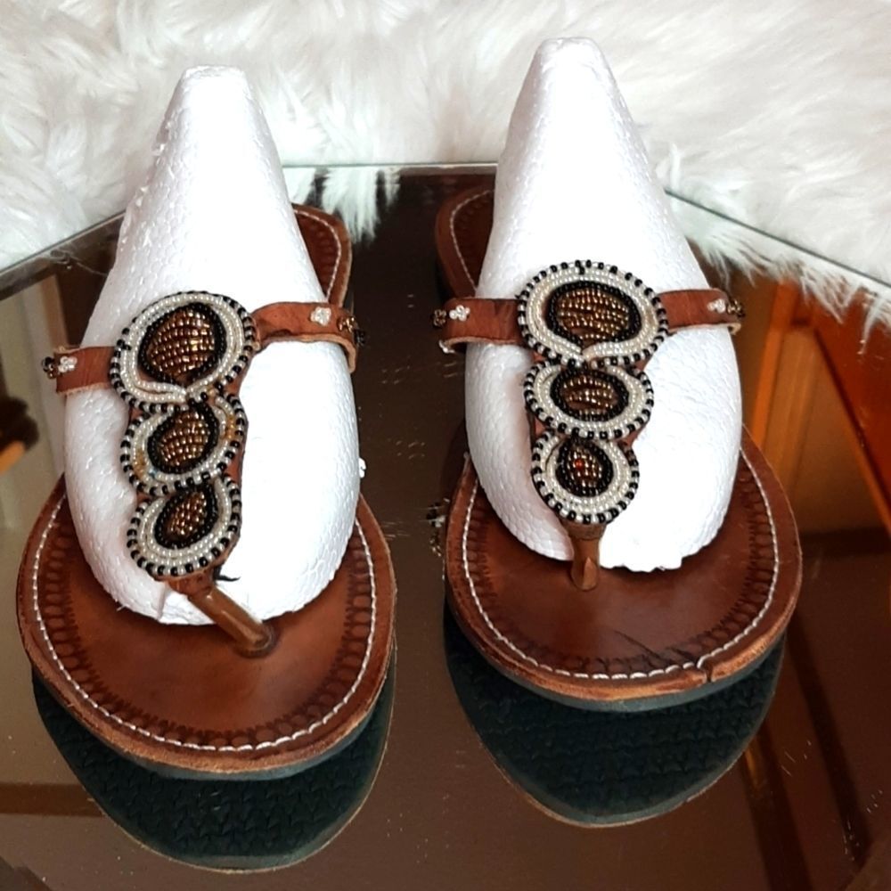 Handmade Beaded Brown Leather‎ Sandals   8M